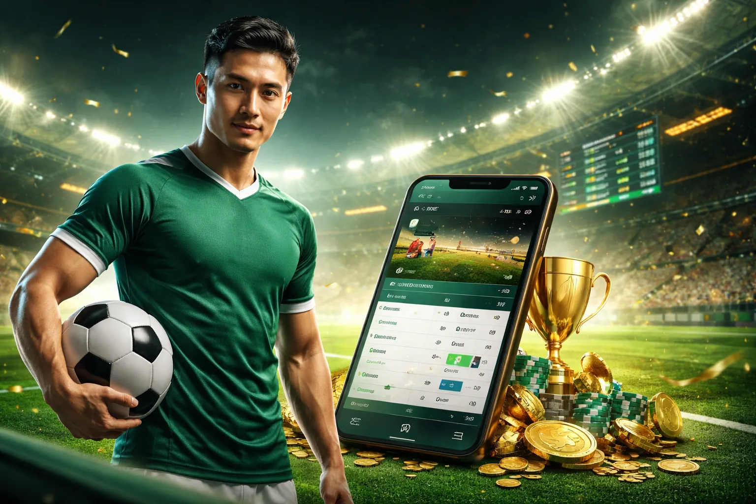 Sân vận động với ánh đèn rực rỡ và logo 123bet app tượng trưng cho cá cược thể thao đỉnh cao